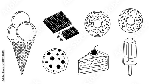 A set of various sweet treats and desserts including ice cream cone and donuts