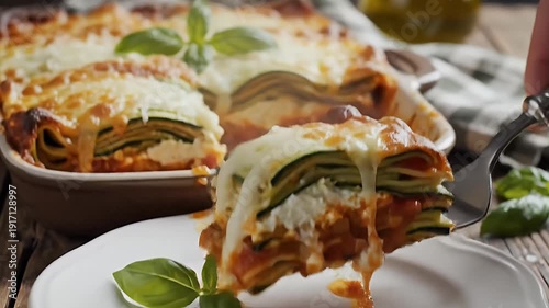Vegetable lasagna dish with cheese and basil leaves prepared for serving