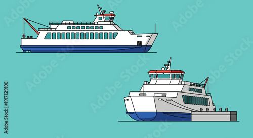 Ferry Boat and Tugboat Illustration.