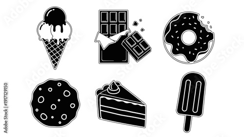 Black and white icons of various sweet treats