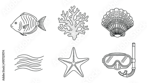 Black and white illustration of various ocean icons and symbols