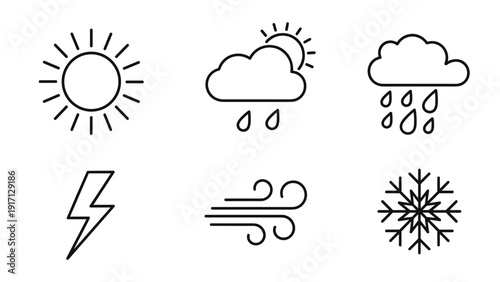 Weather icons set including sun, cloud, rain, lightning, wind and snow