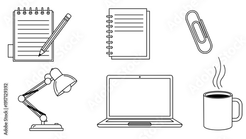 Office supplies and technology icons including laptop and coffee cup