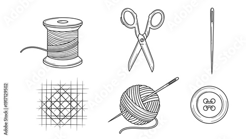 Sewing tools and notions including thread spool, scissors, needle, grid, yarn ball and button