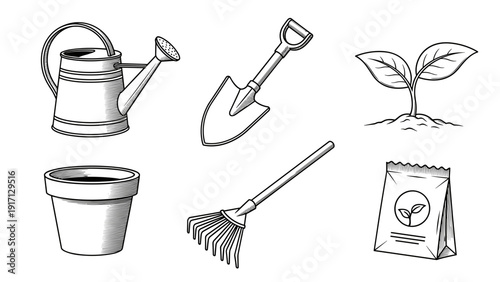 Gardening tools and supplies including watering can, shovel, rake, bucket, and seed packet