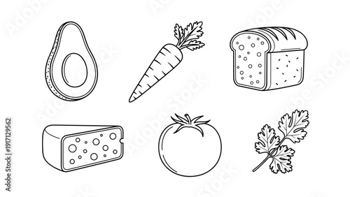 A set of various healthy food icons including avocado, carrot, bread, cheese, tomato, and lettuce