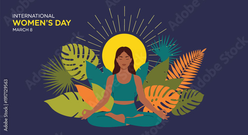 International Women’s Day poster of confident woman practicing yoga symbolizing wellness, self care, balance, empowerment, and healthy lifestyle celebration