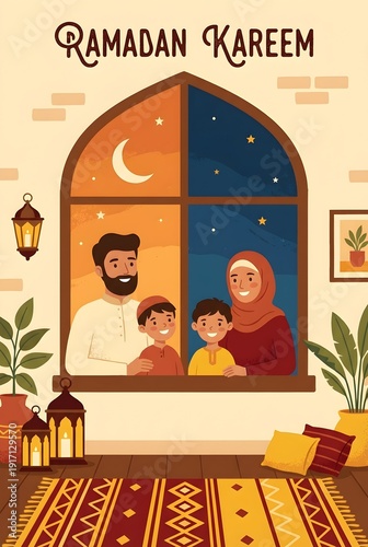 Flat vector illustration of happy Muslim family looking at Ramadan moon from home window