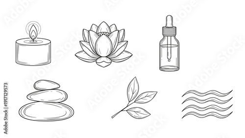 Black and white line drawing of various spa and wellness icons including a candle, lotus flower, essential oil bottle, stacked stones, leaf, and wavy lines