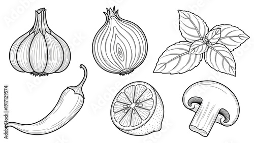 A black and white illustration of various vegetables and herbs