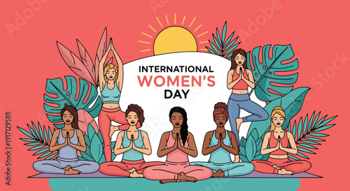 International Women’s Day poster of confident woman practicing yoga symbolizing wellness, self care, balance, empowerment, and healthy lifestyle celebration