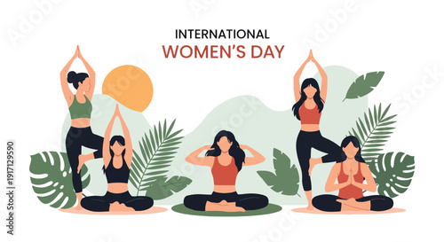International Women’s Day poster of confident woman practicing yoga symbolizing wellness, self care, balance, empowerment, and healthy lifestyle celebration