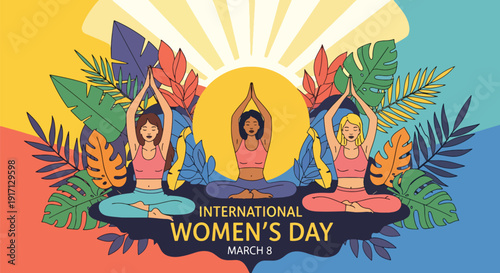 International Women’s Day poster of confident woman practicing yoga symbolizing wellness, self care, balance, empowerment, and healthy lifestyle celebration