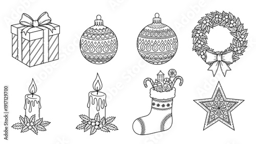 Black and white christmas icons including gift box, ornaments, wreath, stocking, star, and candles