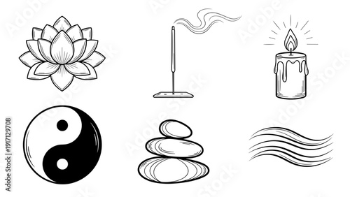 Black and white line drawing of various zen and meditation symbols