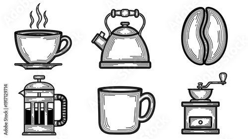 Black and white line art coffee icons including cup kettle bean grinder