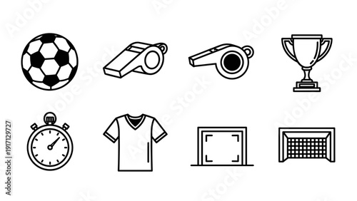 A set of sports icons including soccer ball, whistle, megaphone, trophy, stopwatch, jersey, television, and goal