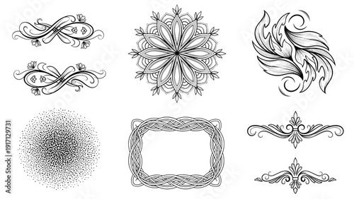 Collection of black and white ornate design elements and frames