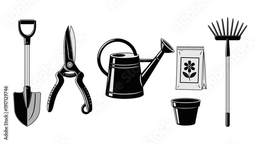 Black and white illustration of various gardening tools