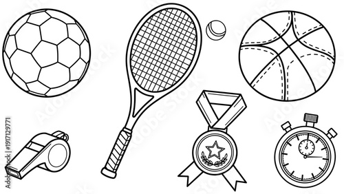 Collection of sports icons including soccer ball, tennis racket, basketball, whistle, medal, and stopwatch