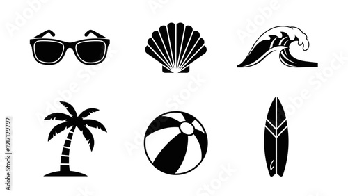 Black and white beach icons including sunglasses, shell, wave, palm tree, ball, and surfboard