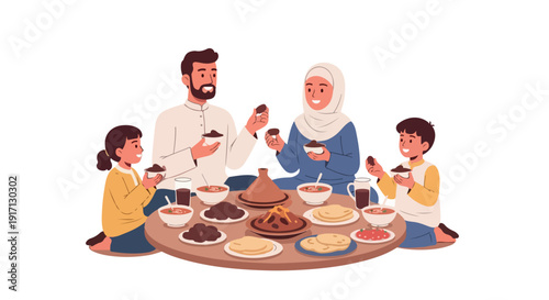 Illustration of a diverse family sharing a meal together on a large platter with various dishes in a warm and inviting setting.