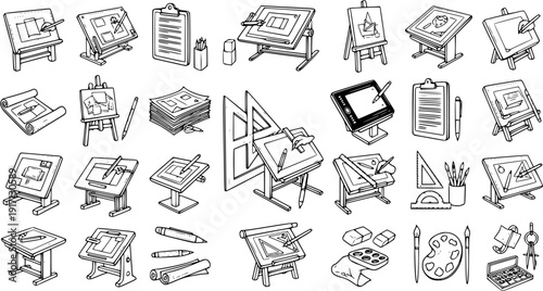 Architectural and Artistic Drawing Tools, Drafting Equipment, and Art Supplies Vector Outline Icons Set