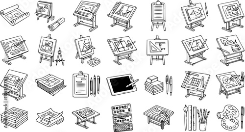 Art and Design Tools Icons Set. Black and white outline vector collection of drawing, architecture, and creative supplies like easels, drafting tables, paper, and pencils.
