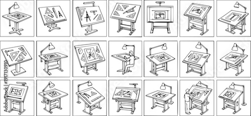 Drafting Tables: A Collection of Isolated Line Art Illustrations
