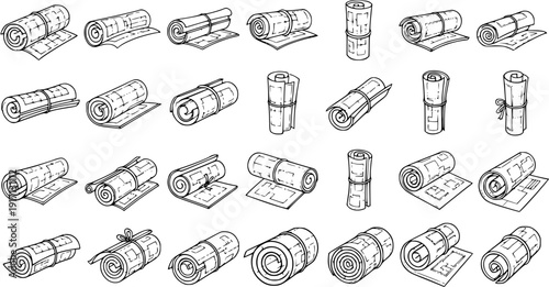 Hand-drawn Sketch Set of Rolled Blueprints, Architectural Plans, and Maps. Line Art Illustrations of Engineering Project Documents and Scrolls for Design, Construction, and Planning