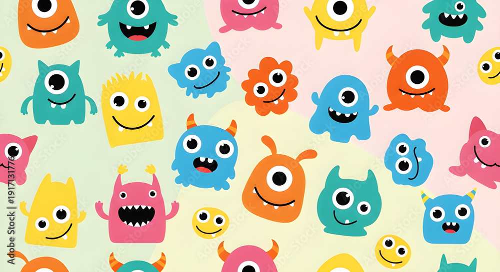 Obraz premium seamless pattern with funny monsters. cute space monster character pattern background with various shapes and colors.