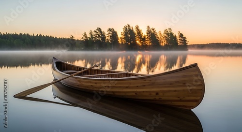 Wooden canoe with paddle floating on tranquil misty lake at sunrise