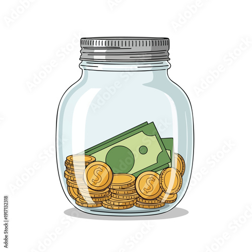Creative Concept of Saving Money in a Transparent Glass Jar with Cash and Coins