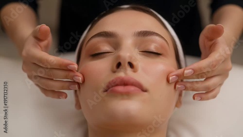 A woman receiving a gentle facial massage with her eyes closed, promoting relaxation and skin rejuvenation in a serene spa environment.