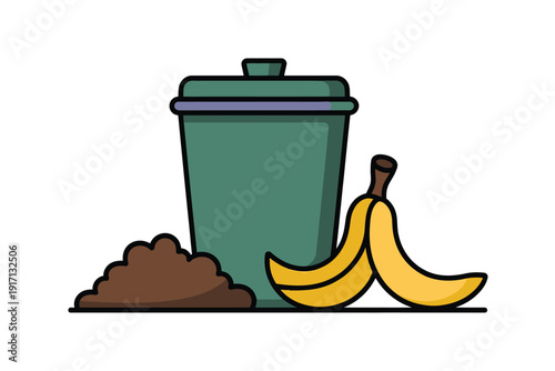 Banana peel sits beside rich dark soil mound near a green compost trash.