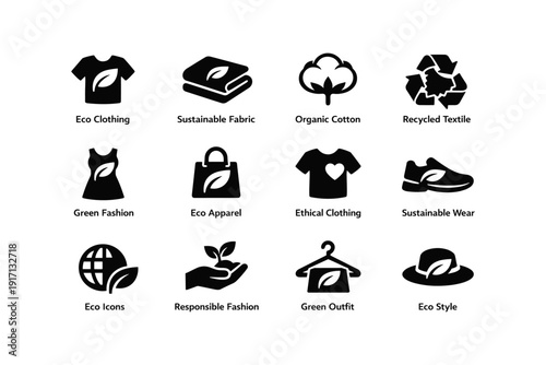 Eco-friendly fashion icons: sustainable clothing, organic cotton, recycled textiles, ethical apparel symbols