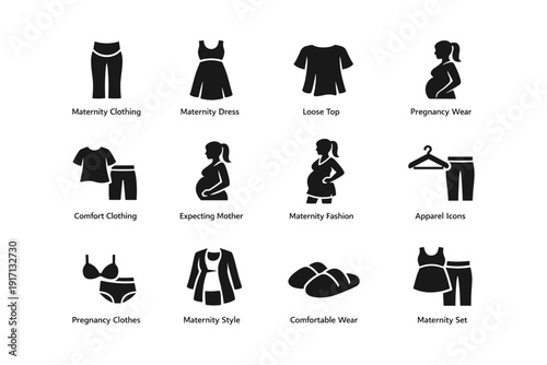 Maternity apparel icons set: dresses, tops, and comfortable wear for expecting mothers