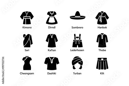 Traditional clothing icons: kimono, dirndl, sombrero, hanbok, sari, kaftan, lederhosen, thobe, cheongsam, dashiki, turban, kilt