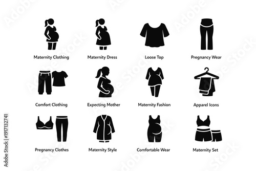 Maternity apparel icons: dress, top, pants, comfort wear
