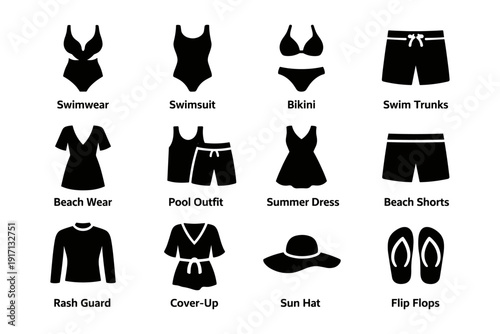 Variety of beach clothing icons including swimwear, bikini, swim trunks, rash guard, sun hat