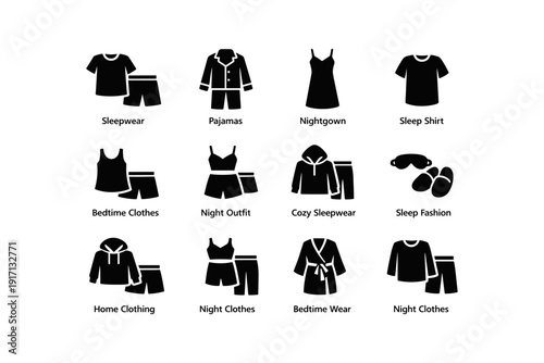 Collection of sleepwear icons including pajamas nightgown sleep shirt slippers