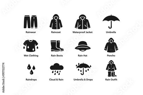 Rainwear and weather protection icons: jackets, umbrellas, hats, boots, ponchos