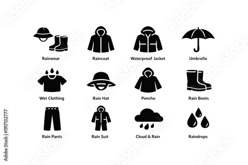 Rain gear icons: raincoat, umbrella, rain boots, poncho, wet clothing essentials