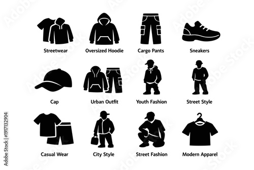 Streetwear icons: hoodie, cargo pants, sneaker highlights in casual urban styles