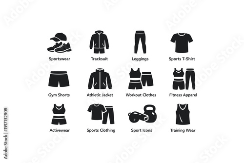 Collection of sportswear icons featuring tracksuits, leggings, gym shorts, and athletic jackets