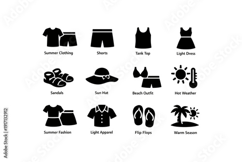 Summertime essentials: clothing icons featuring shorts, tank tops, dresses, sandals, and sun hat