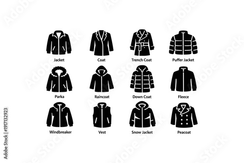 Different types of jackets and coats in icon set