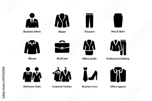 Corporate fashion icons: blazer, trousers, pencil skirt, blouse, briefcase, office apparel