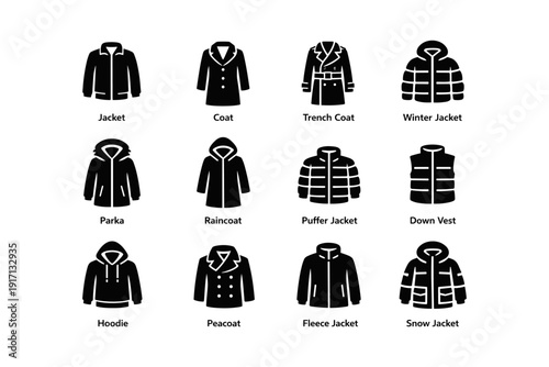 Different types of jackets and coats: parka, trench, puffer, and more illustrated icons