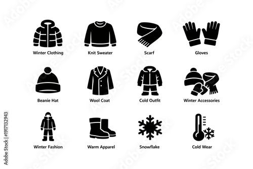 Winter clothing icons: coat, sweater, scarf, gloves, beanie, snowflake, thermometer